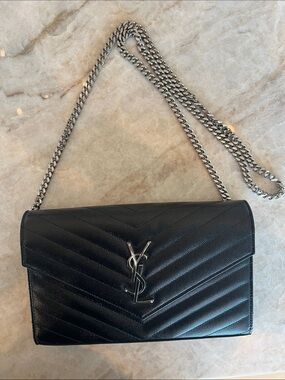 Saint Laurent Black Quilted Leather Shoulder Bag with Silver Chain